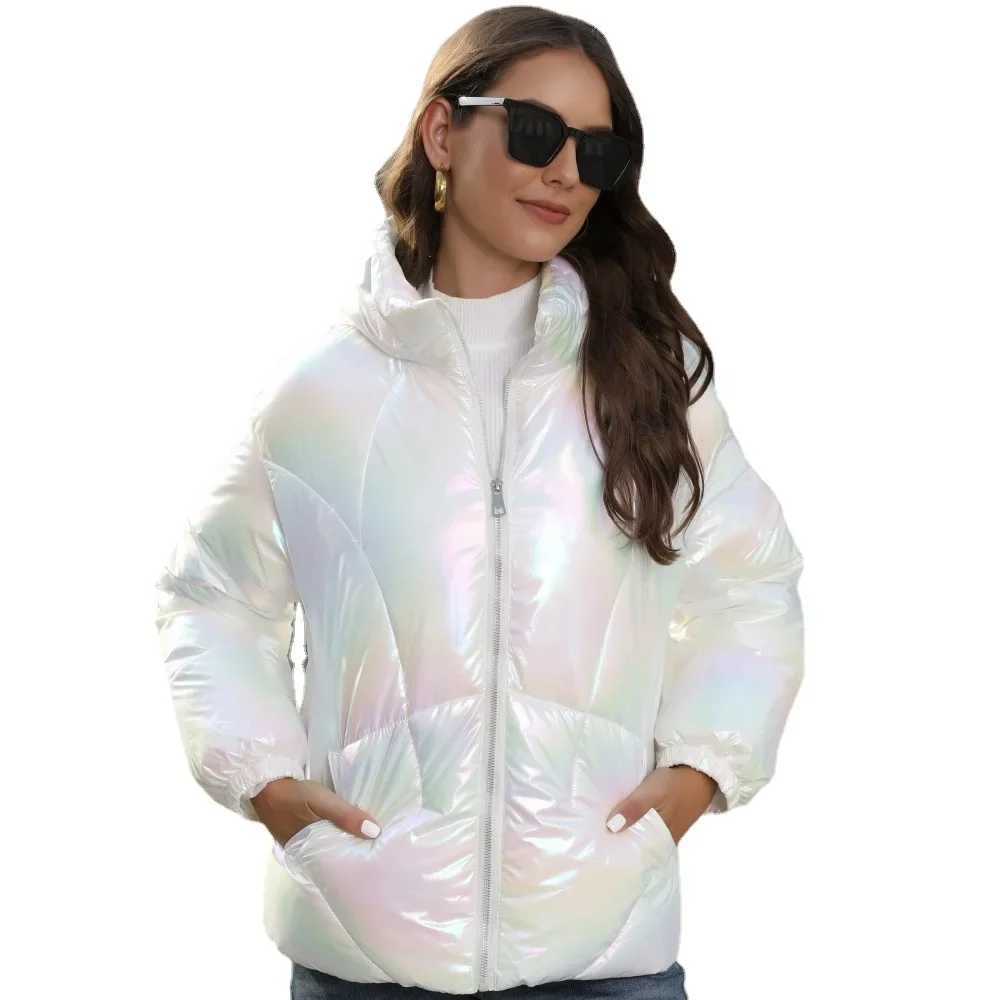 Women's Down Parkas Womens Winter Shining Parkas Hooded Fluffy Bread Jacket Womens Purple Blue Pure Cotton Coat Warm Loose Parkas Strtwear S-XXL 