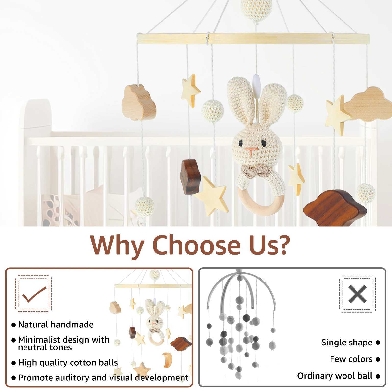 New baby crib baby crib hanging wooden baby crib bell cute rabbit animal wooden crochet mobile baby toy bed pendant W240815