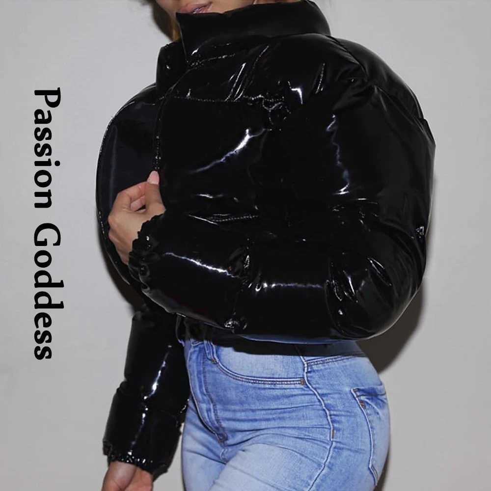Women's Down Parkas Fashion Cool Women Bright PU Puffer Jackets Stand Collar Warm Bubble Coats Shiny Leather Parkas Down Zipper Crop Jackets Wint