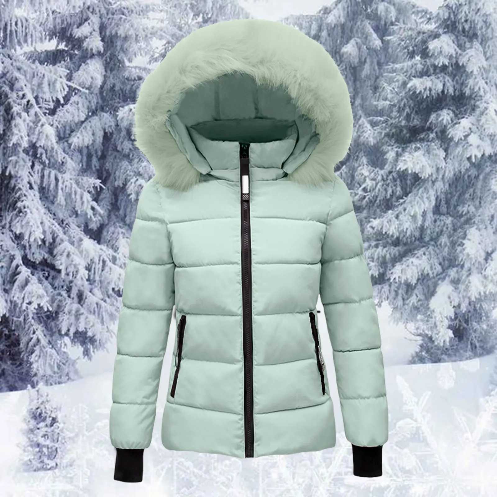 Pink Winter Cotton Puffer Coat Women Fluffy Hooded Zipper Thick Outerwear Lapel Windproof Warm Long Sleeve Down Jacket Fit CoatsX241019