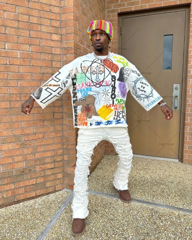 Gothic punk style printed graphic T-shirt American retro oversized long sleeved mens Y2K Harajuku street hip-hop casual loose top 241019