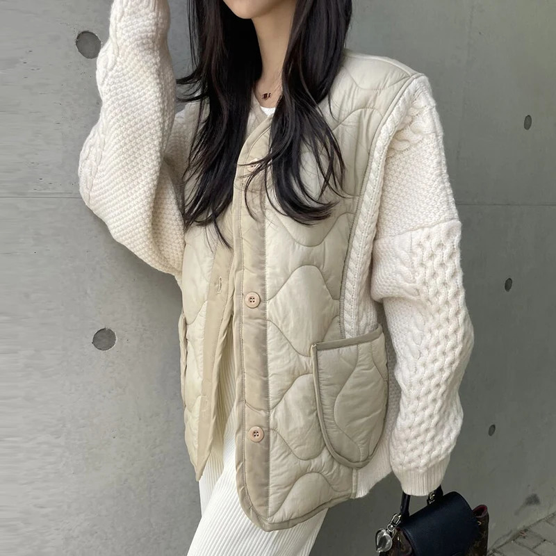 V Neck Two Jackets for Women 2024 Chaquetas Para Mujer Winter Cotton Parkas Thick Knitted Cardigan Twists Coat Y2k Top 241010