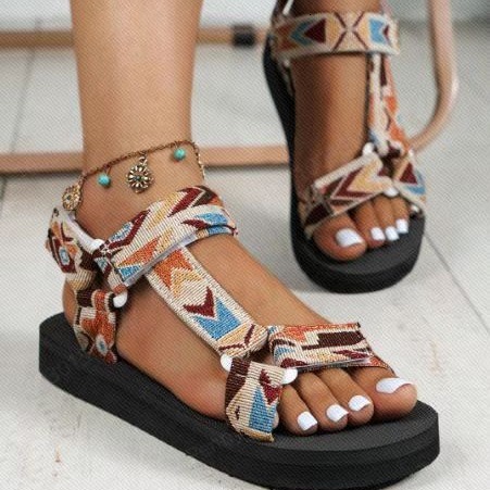 Oversized Women S Printed Flat Spring Summer New Thin Soled Ethnic Style Velcro Beach Sandals Ddmywed Ddmysaturn