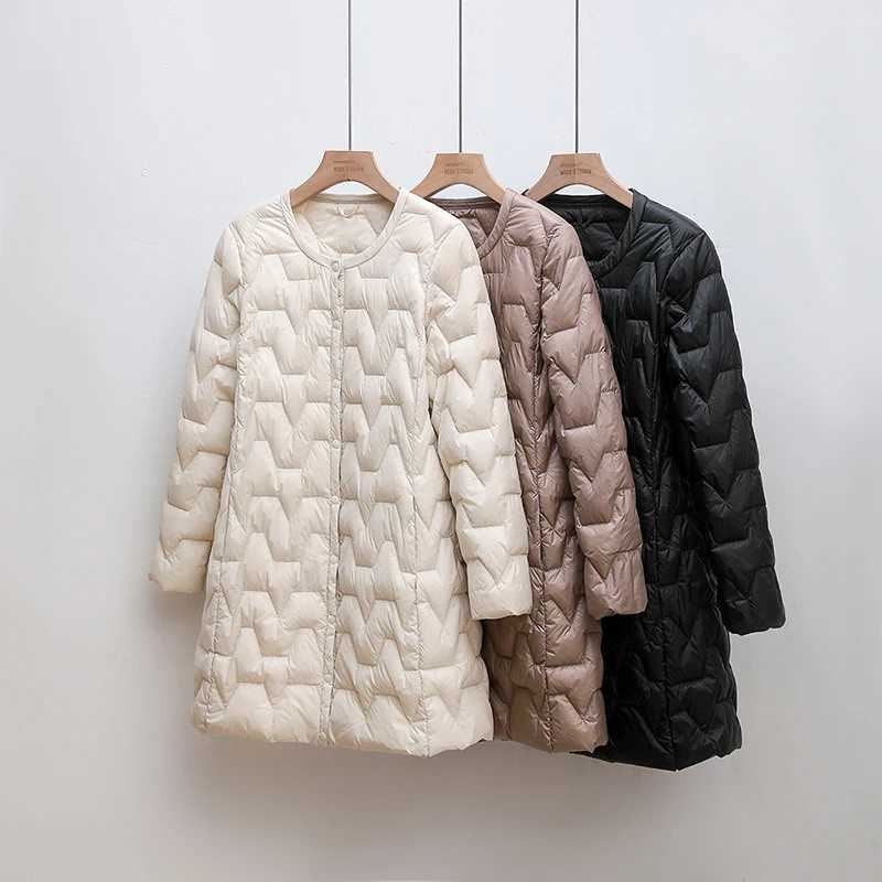 2024 New Winter Women Long Down Coat Ultralight Collarless Duck Down Jacket Female Padded Parkas O-Neck Puffer OvercoatX241019