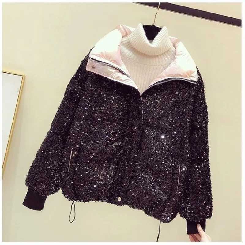 Women's Down Parkas Fashion sequined down cotton jacket womens winter jacket new loose stand up collar short bread jacket warm jacket Y240824KRUZ