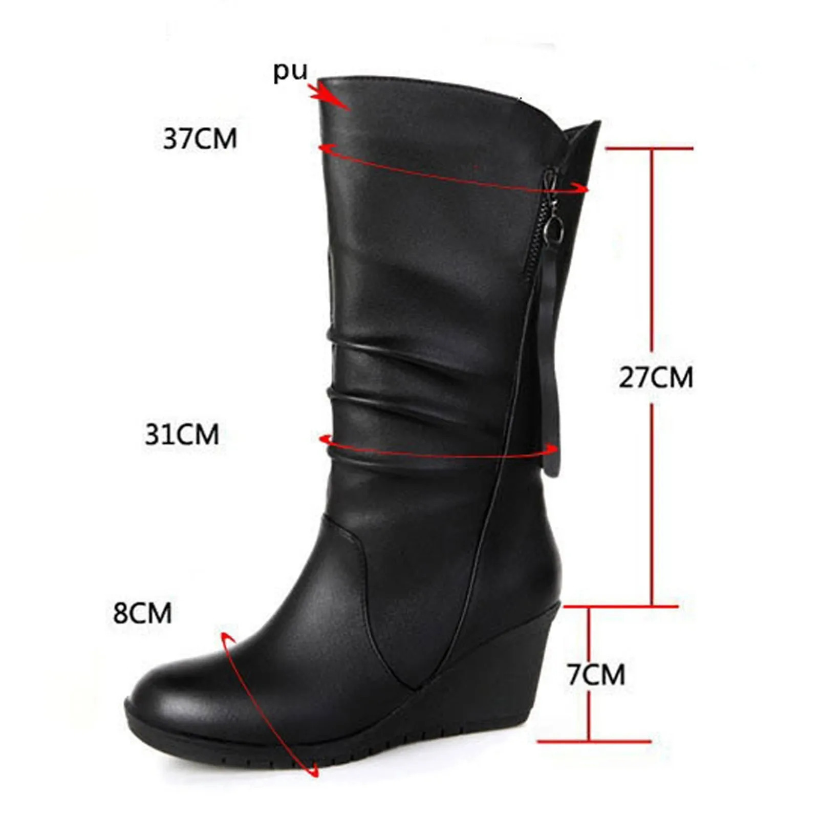 Womens plush autumn and winter round headed leather square heel retro pull rod wedge chain wedge boots 241018