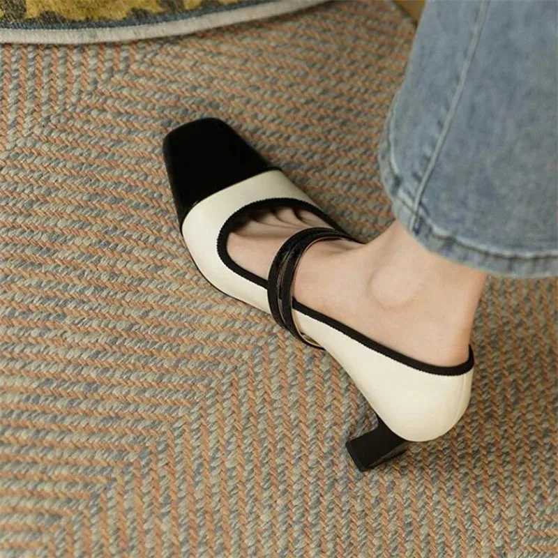 Womens mixed color pump double button Mary Janes shoes black toe high-heeled dress shoes patch work zapatillas mujer tacon Y241019