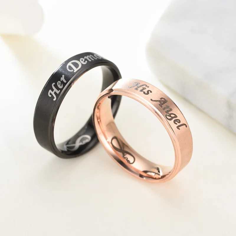 AsJerlya 6mm Couple Ring Her Devil His Angel Black Ring Stainless Steel Eternal Love Jewelry Accessory for Women Y241019