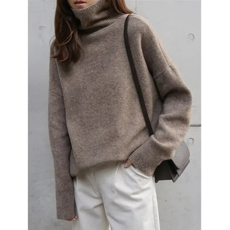 Womens high neck sweater loose oversized thick cashmere with floral patterns autumn and winter knitted womens long sleeved top turtle neck 241019