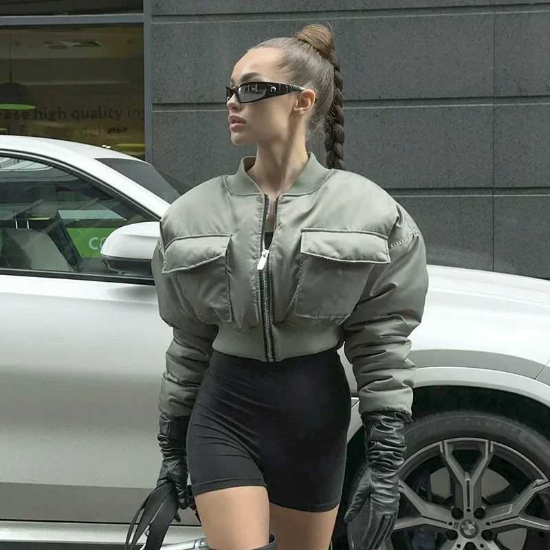 Women's Down Parkas Fashion Women Big Pockets Bomber Jacket Slim Waist Zipper Crop Jackets Outerwear Moto Biker Coats BF Punk Coats Jackets Autum