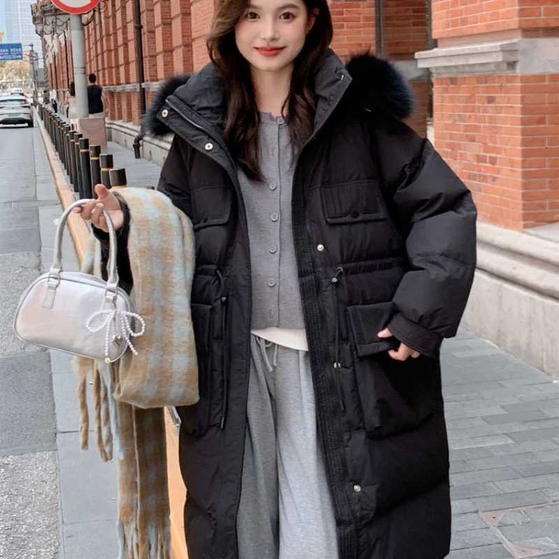 Womens Winter Jacket Hooded Puffer Coats Large Fur Collar Windproof Thick Warm Parka Simple Casual High-end Stylish Down JacketX241019