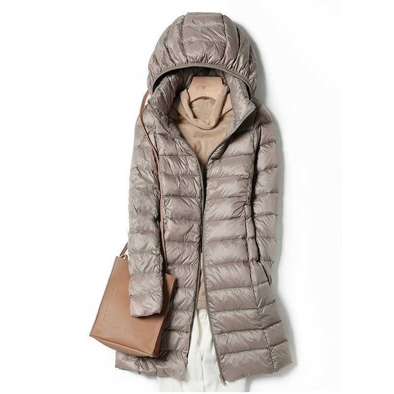 Winter Womens Ultralight Thin Down Jacket White Duck Down Hooded long Jackets Long Sleeve Warm Coat Parka Female OutwearX241019