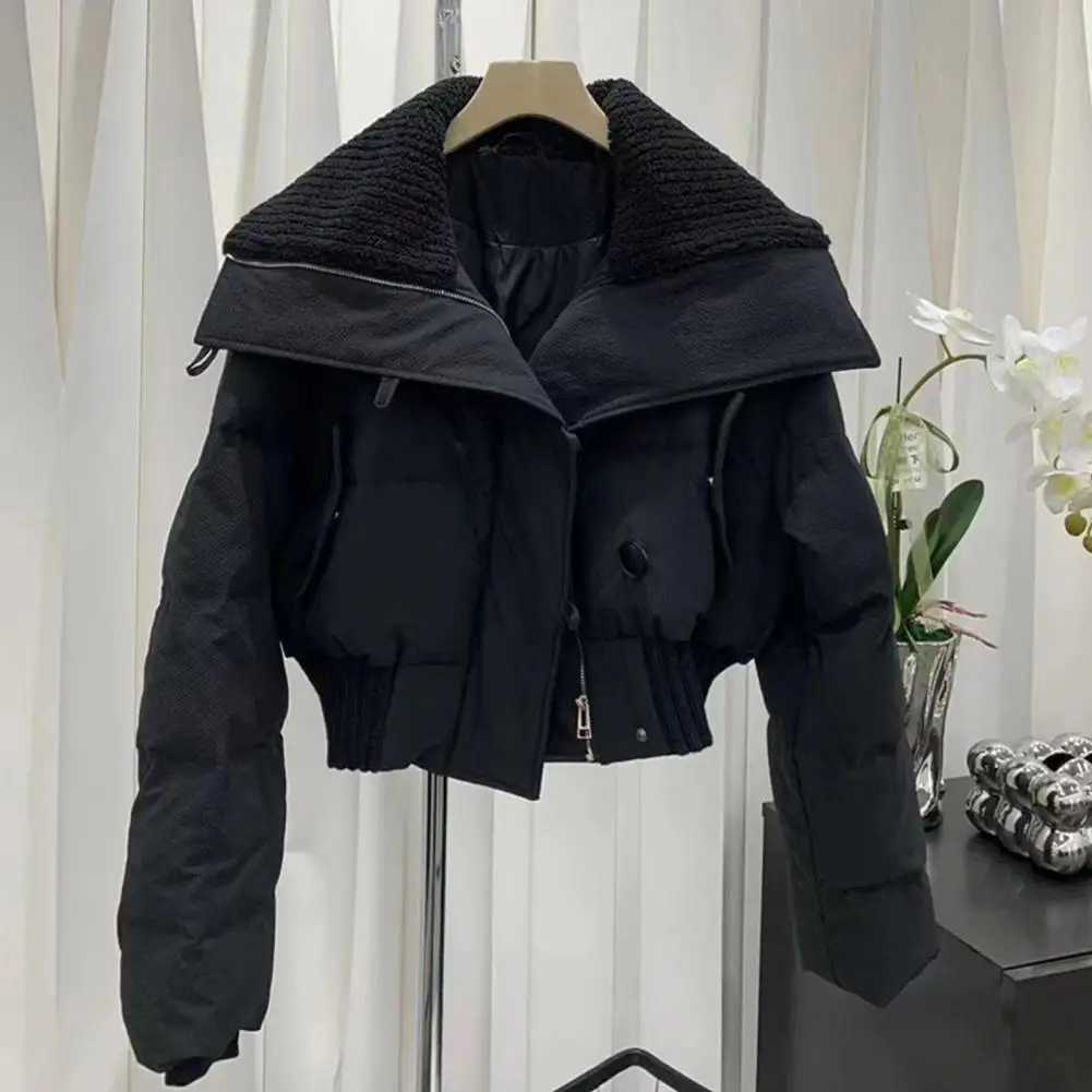 Women's Down Parkas 2024 Korean Chic Knitted Collar Autumn Winter Coat Womens Thick Cotton Jacket Loose Parka Warm Cotton Lining Jacket Short Coa