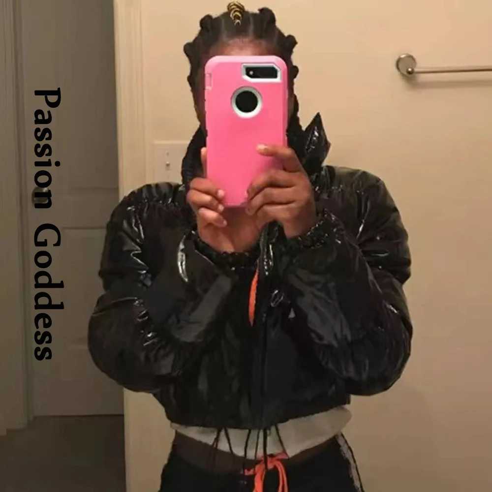 Women's Down Parkas Autumn Women Bright PU Puffer Jackets Winter Warm Shiny Leather Neon Bubble Coats Parkas Down Zipper Cropped Jacket Parkas Y2