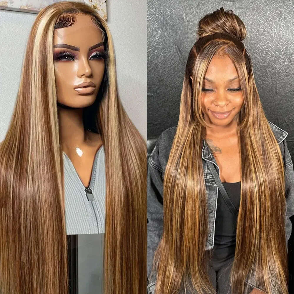 Highlight Ombre Density Bone Straight Honey Blonde Colored Wigs x Transparent Lace Front Human Hair Inches