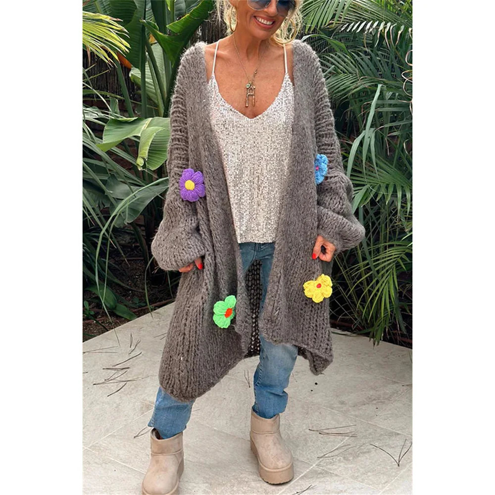 Knitted Cardigan Women 2024 Elegant Loose Long Outerwear Crochet Flowers Sweater Coat Soft Cover Up Fashon Streetwear Outfits 241009