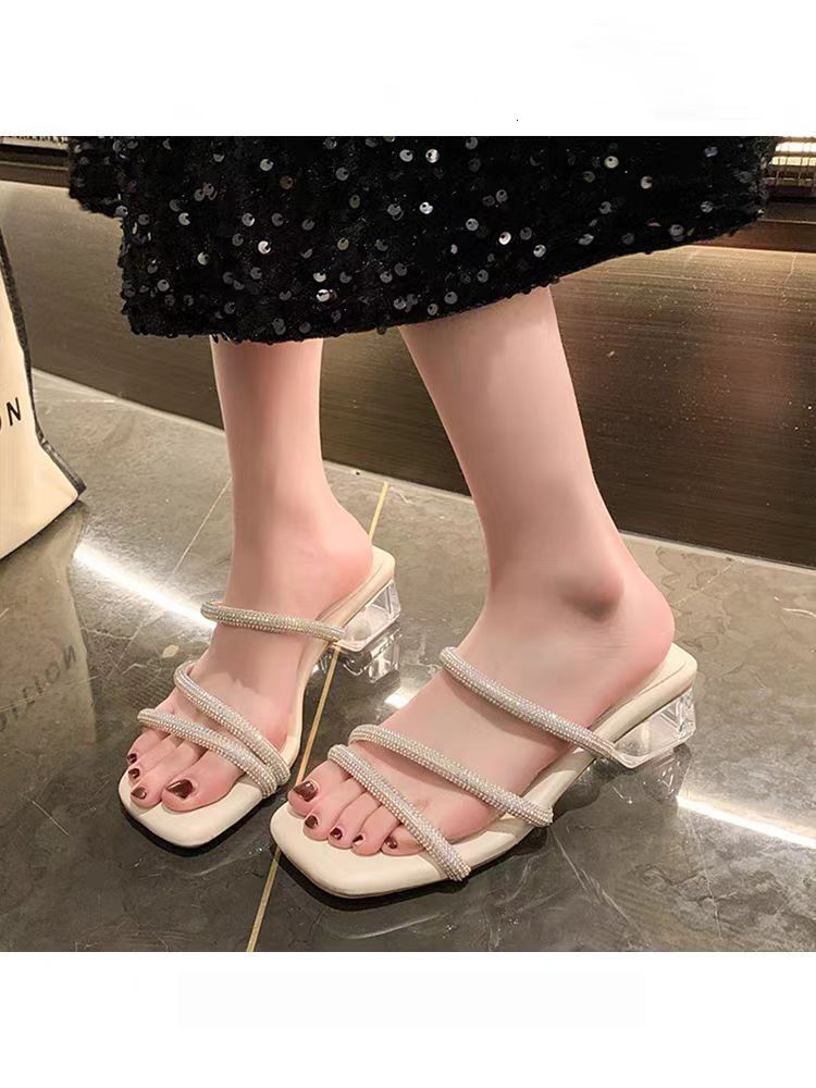 Summer New Outwear Square Headed Open Toe High One Piece Tug Girl Elegant Rhinestone With Skirt And Thin Heel Sandals Ddmywed ddmythur