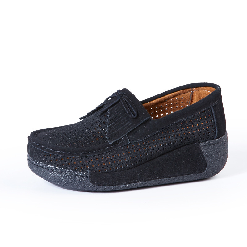 Spring and Autumn Breathable Women's Shoes Velvet Leather Thick Bottom Hollow Single Shoes Mom Slope Heel Women's Shoes Swinging Shoes Women