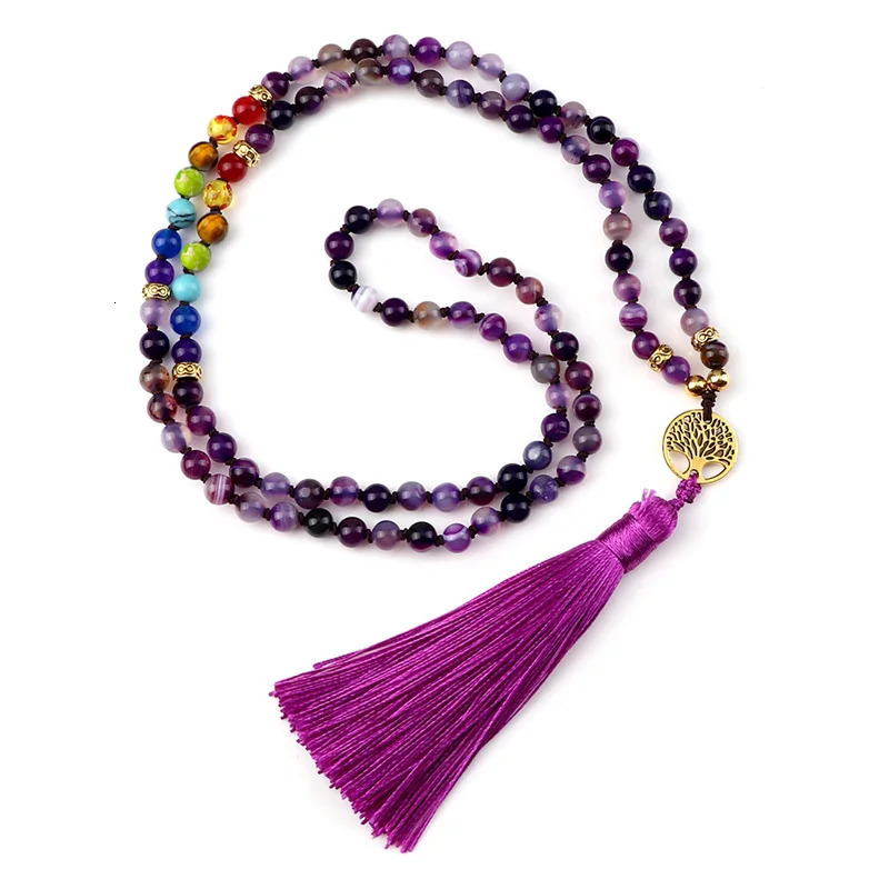 Natural purple agate stone necklace suitable for women 7 chakra spiritual energy 108 Japamala Mala beads tassel long necklace jewelry 241018