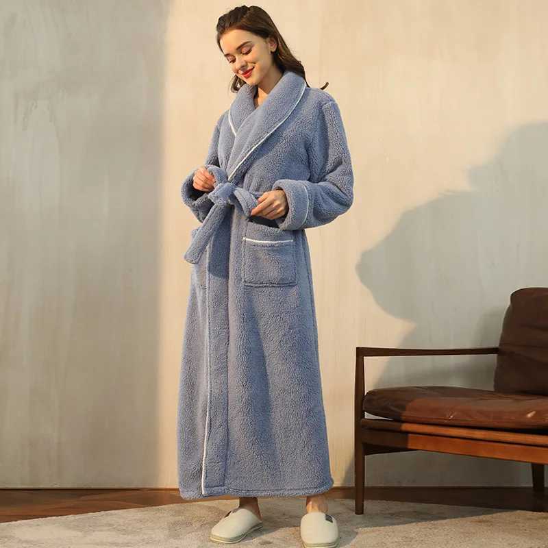 Women Winter Extra Long Warm Flannel Bathrobe Plus Size Thick Coral Fleece Bath Robe Lovers Spa Dressing Gown Men Cozy SleepwearXJ241018