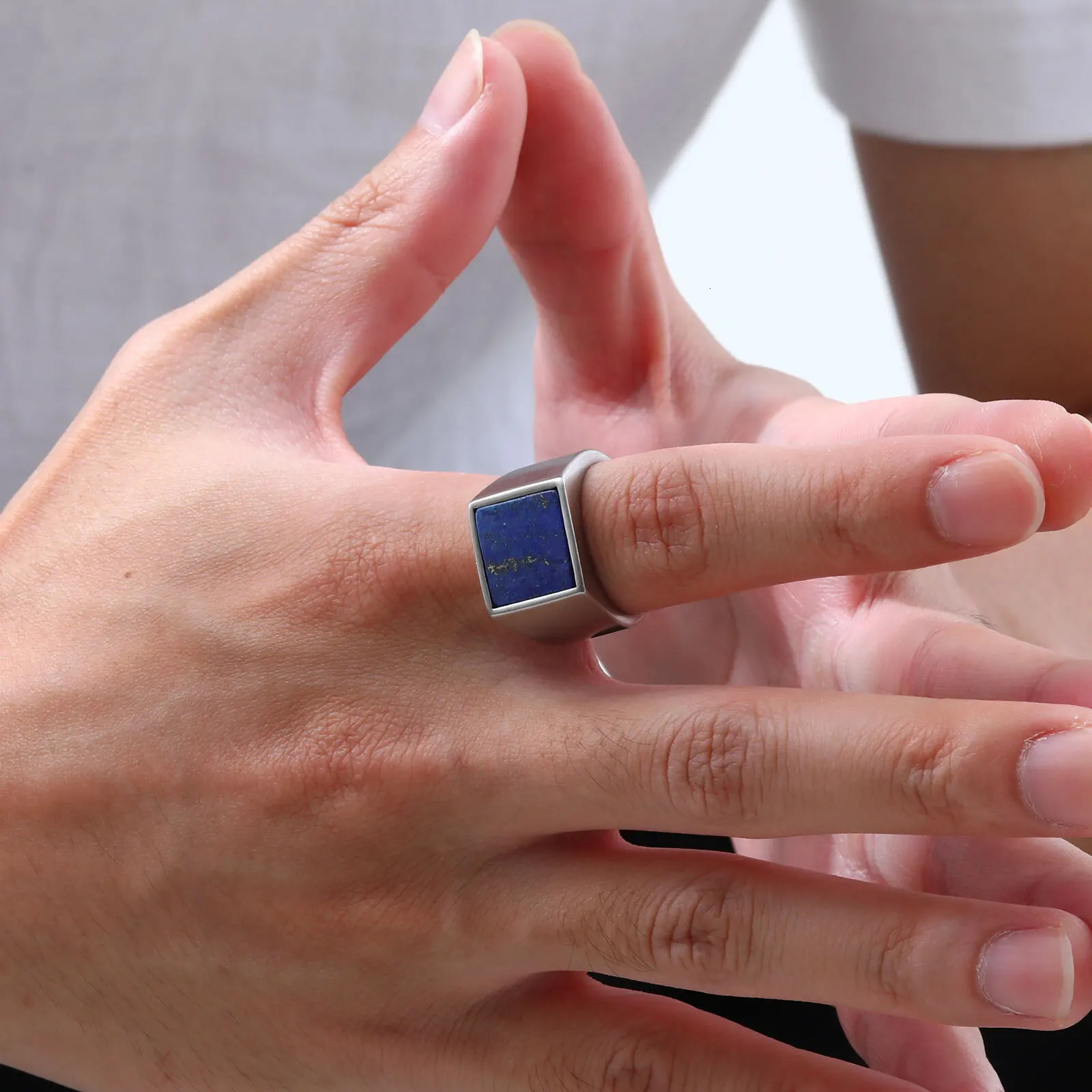 MP Blue Nature Stone Ring for Men BoysSilver Color Stainless Steel Square RingThumb Male Jewelry Gifts 241010