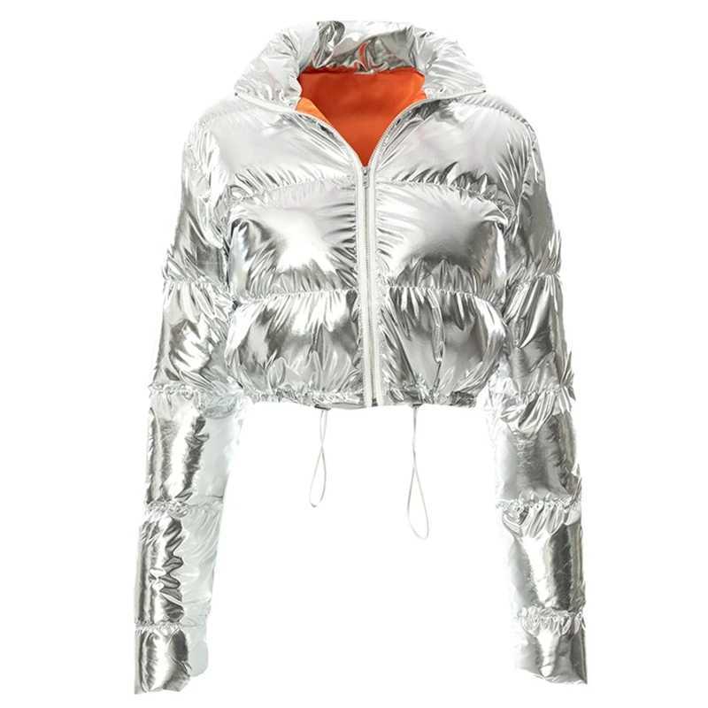 Women's Down Parkas Womens shiny mirror synthetic leather lining used for jackets long Slip Up stand up collars cut lining outerwear drawstring h