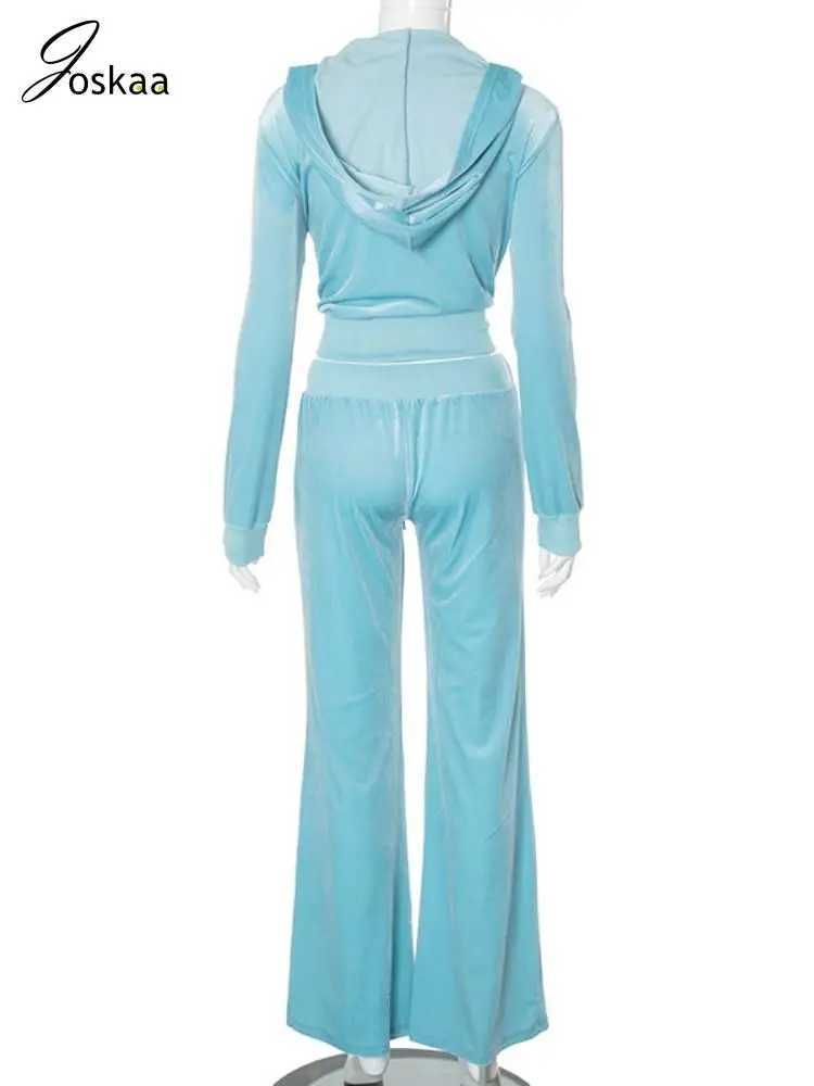 Women's Two Piece Pants Joskaa Suede Blue 2-piece Womens Fashionable Long Sleve Zipper Hoodie and Wide Leg Pants Match Winter Athletics T-shirt Y