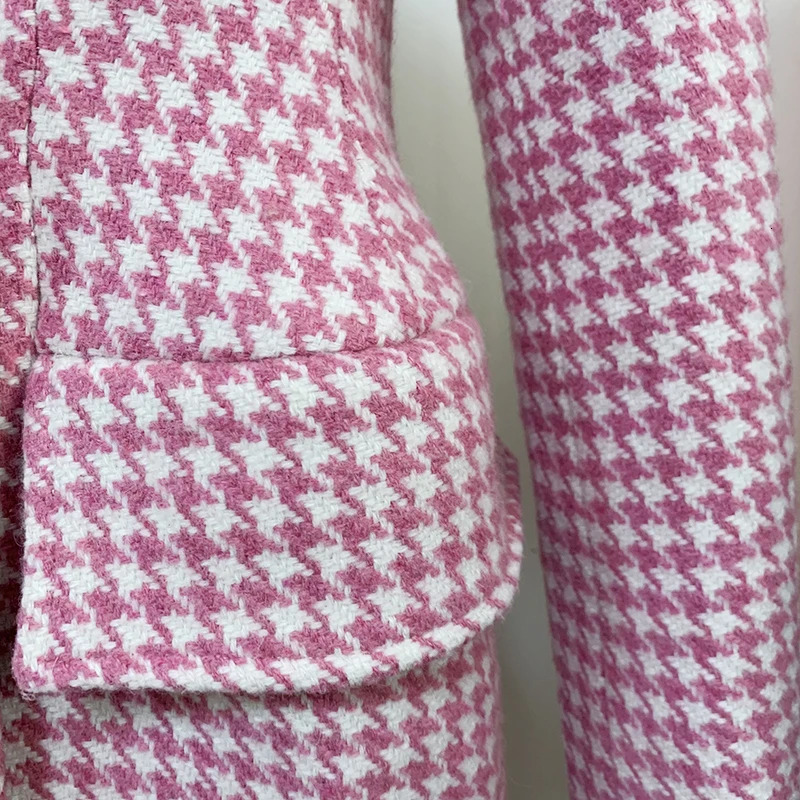 HIGH STREET est 2024 Fall Winter Fashion Overcoat Womens Double Breasted Pink Houndstooth Tweed Wool Long Coat 241010