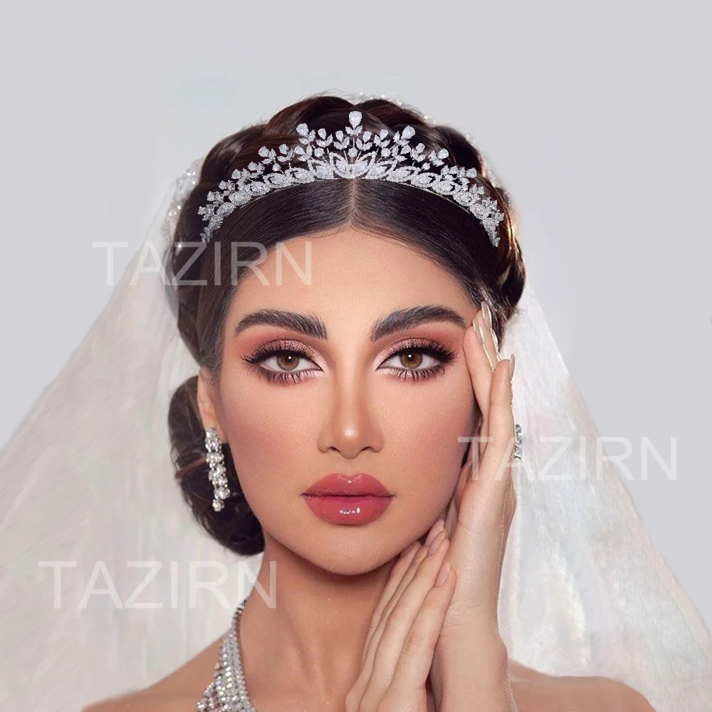 TAZIRN AAAAA cubic zirconia floral headpiece and crown womens wedding birthday party ball sparkling handmade CZ hair accessory 241018