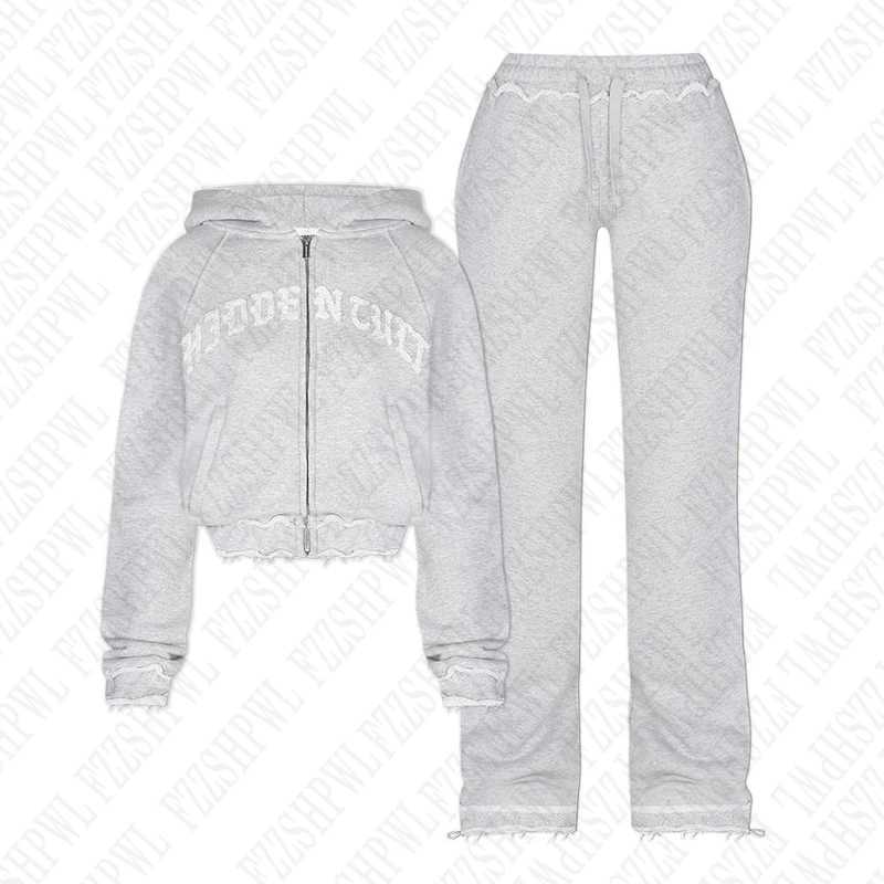 Women's Two Piece Pants Aesthetic Grey Fall Winter Outfit Punk Casual Retro Burrs Grunge Strtwear emo Girl Fairy Women Zipper Jacket Fashion Trou