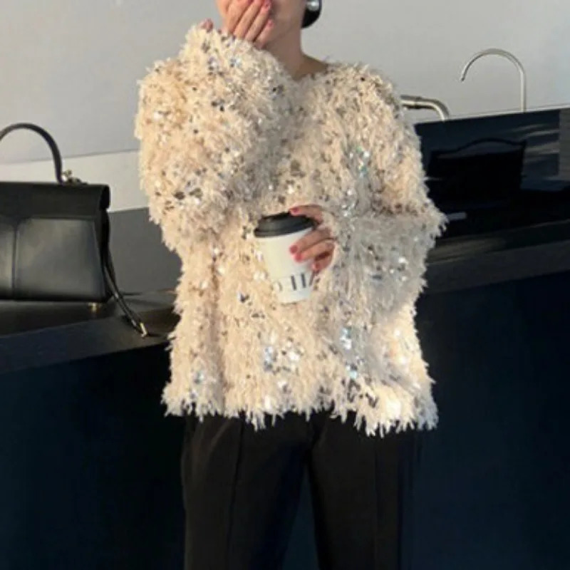 Neploe Heavy Sequin Tassel Sweaters Female Autumn Oneck Loose Tops Women Y2k Fashion Long Sleeve Knitted Pullover 241010