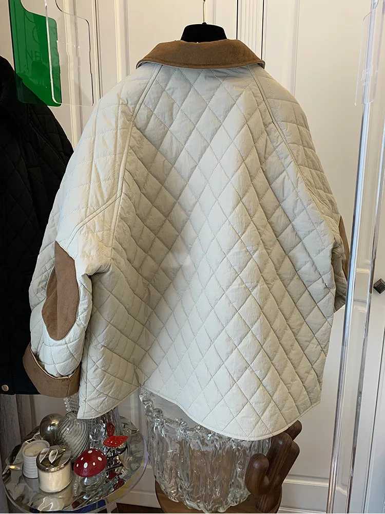 Turn-down Collar M-3XL Patchwork Contrast Color Rhombus Cotton Padded Coat Long Sleeve Zipper Lady Retro JacketX241019