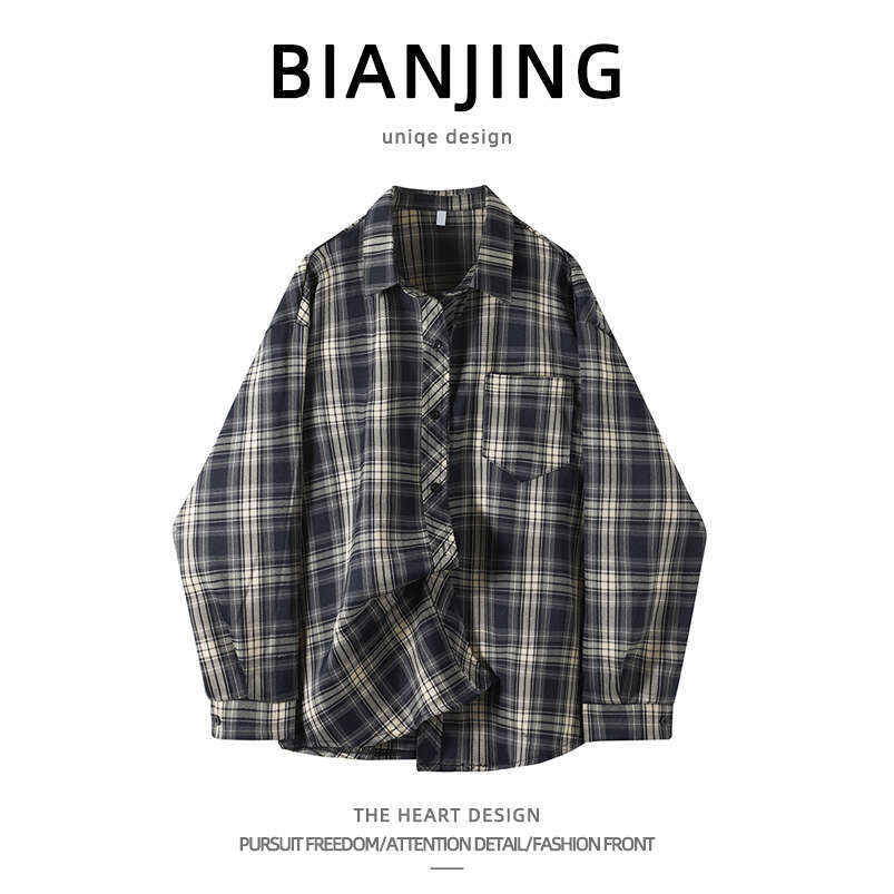 shanshi Men's shirts American plaid long sleeved shirt women in spring autumn with a niche design sense Loose and casual shirt handsome jacket fo