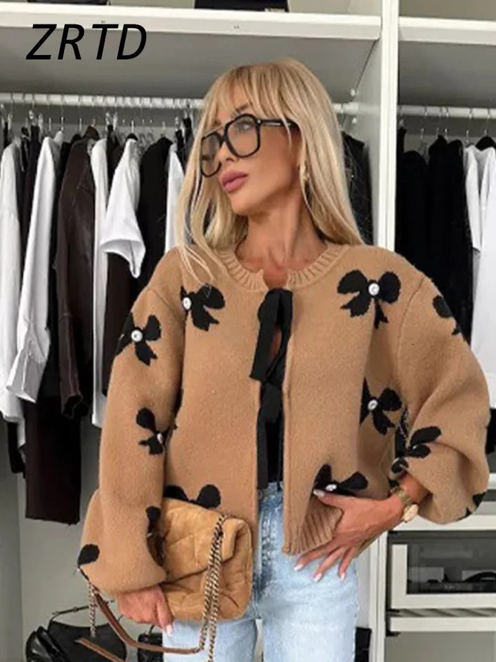Casual Knitted Printed Lace Cardigan Womens Loose Hollow O-Neck Long Sleeve Sweater Autumn Womens Full Knitted Set 241019