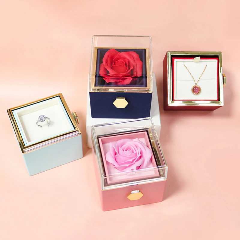Rotating Rose Jewelry Gift Box Valentines Day Wedding Acrylic Ring Box Necklace Storage Rose Jewelry Display Stand W241019