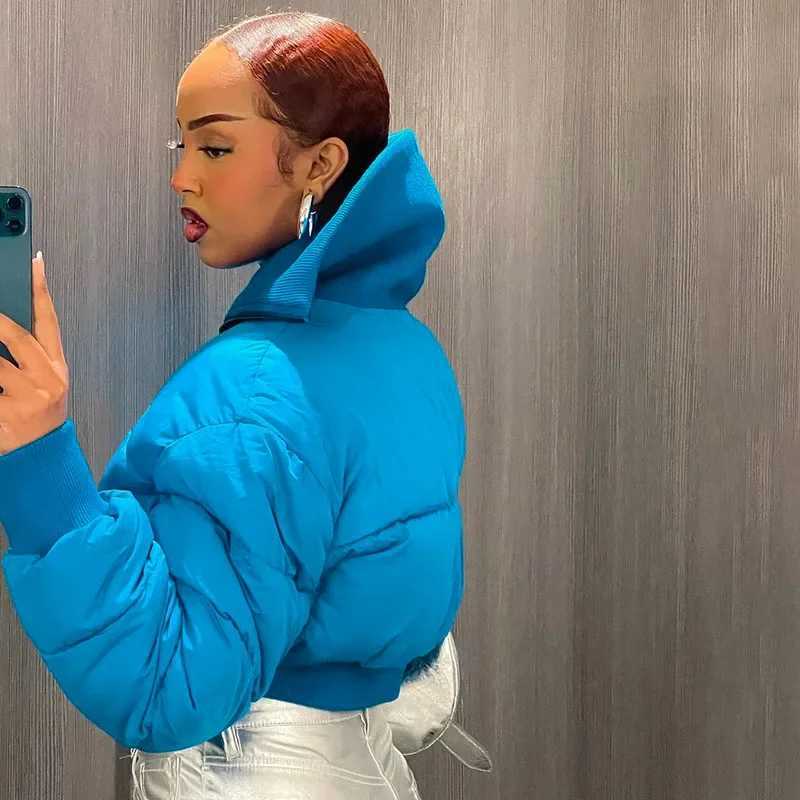 Women's Down Parkas Fashion Women Stand Collar Crop Puffer Jacket Zipper Blue Bubble Coats Parka Down High Waist Slim Cotton Short Puff Jacket Pa