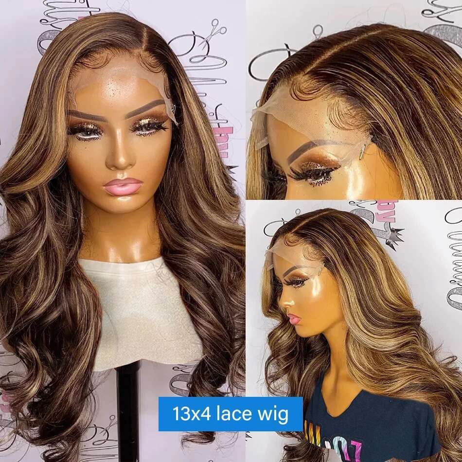 13x6 Highlight Human Hair Ombre Honey Blonde Colored 4x4 Closure Wigs For Women 34 30 Inch 13x4 Body Wave Lace Front Wig