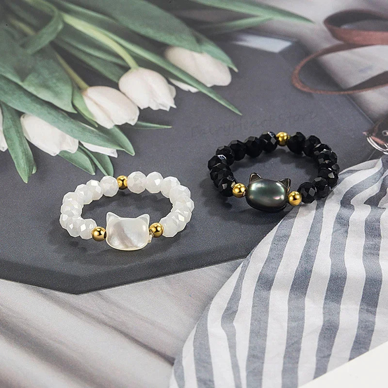 Fashion Natural Moonstone Obsidian Rings Minimalist Handmade Cute Black White Cat Bead Ring Women Party Accessories Jewelry Gift 241010