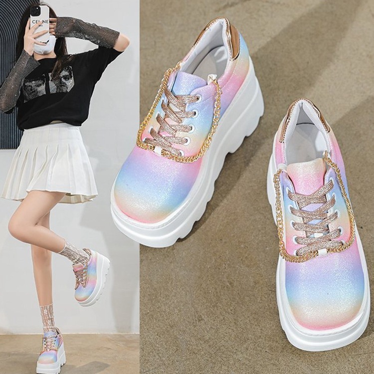 Large size new sponge cake thick sole color lace up metal chain sports casual lace up single shoe for women