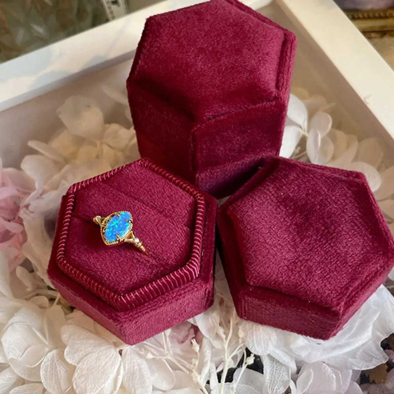 1 velvet double ring box hexagonal wedding ceremony ring box with detachable ceiling box W241019