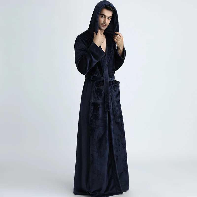 Lovers Plus Size Hooded extra Long Flannel Warm Bathrobe Men Women Thickening Winter Kimono Bath Robe Male Dressing Gown RobesXJ241018