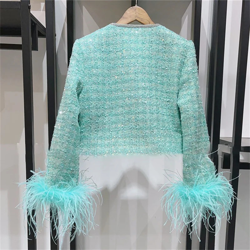 Women jacket autumn outerwears Fashion sequin decorative tweed Long sleeved top Feather patchwork coat y2k Blouse 241019