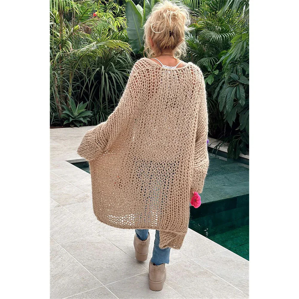 Knitted Cardigan Women 2024 Elegant Loose Long Outerwear Crochet Flowers Sweater Coat Soft Cover Up Fashon Streetwear Outfits 241009