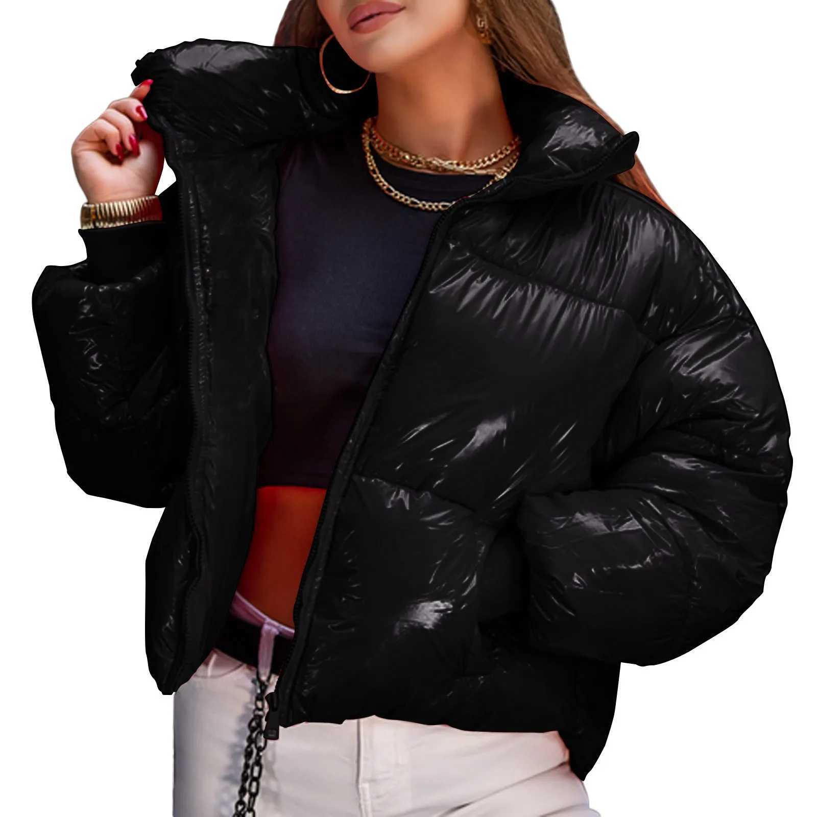 Women's Down Parkas Womens shiny stand up collar winter jacket solid color down jacket long Slve zipper pocket jacket warm jacket Y241019C5XX