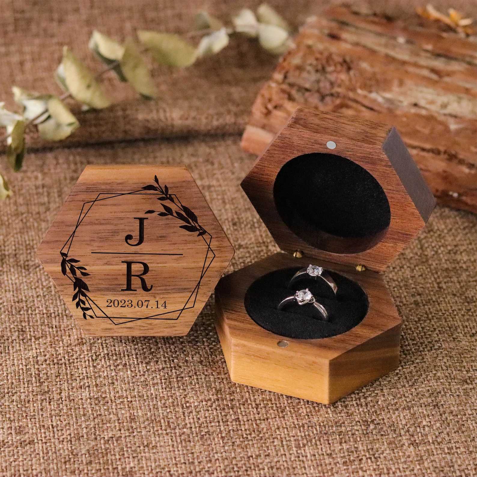 Customized carved wooden ring box vintage hexagonal walnut wood wedding gift for boys girls friends wives W241019