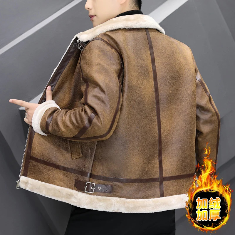 Winter Leather jacket Mens Warm Fashion Casual Thicken Lamb Wool Jacket Men Loose Thick Solid color Coats 241010