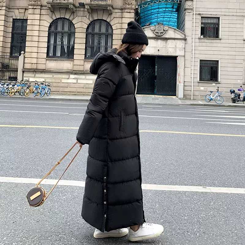 2023 Winter Down Cotton Jackets Womens Clothing Side Button Long Parkas Hooded Warm Winter Coats Female Black Overcoats fp435X241019