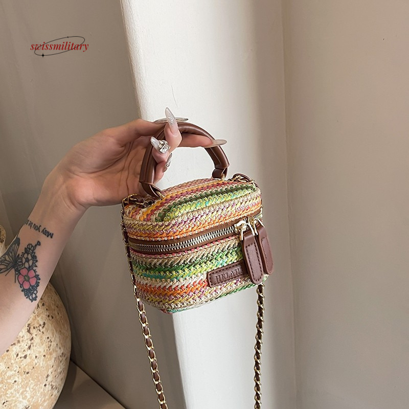 Summer new woven with rainbow stripes, single shoulder crossbody chain box, small square bag, Bohemian style mobile phone bag #24 swissmilitary