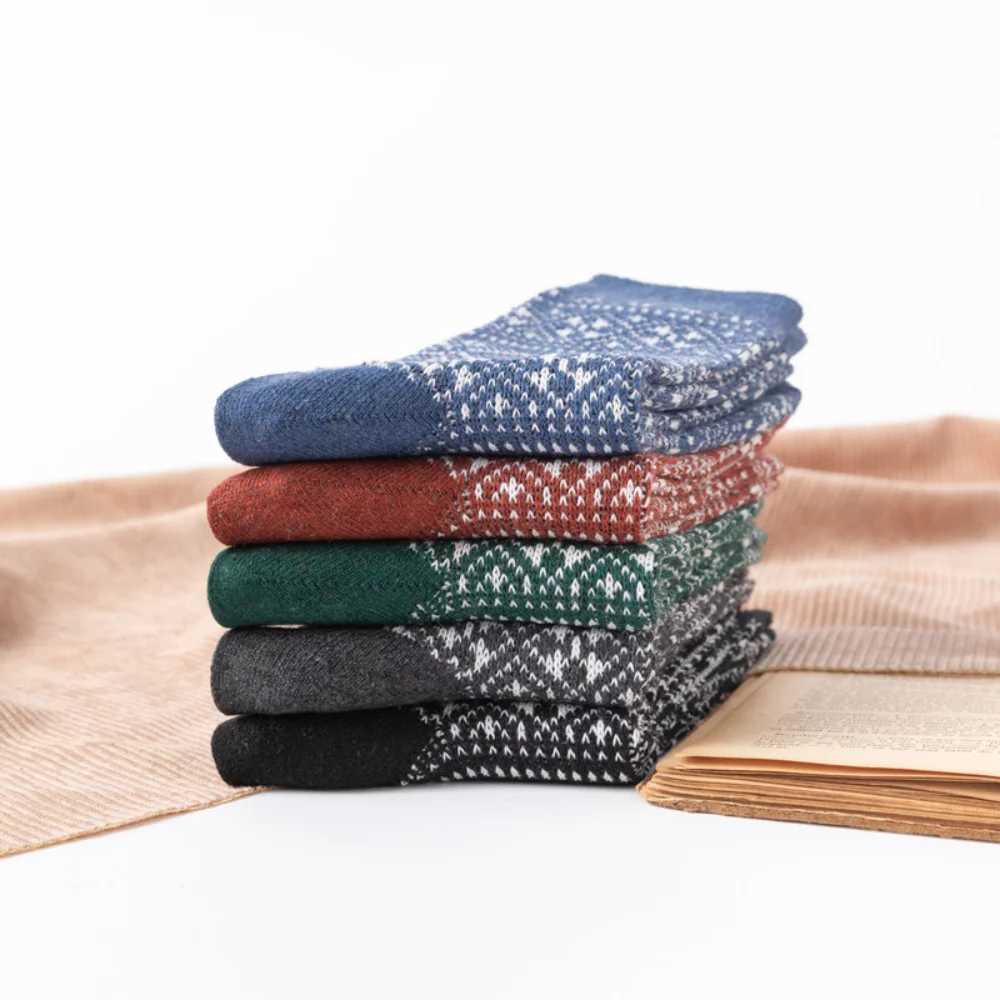 5 Pairs New Autumn and Winter Double Needle Diamond Men Mid-tube Casual Socks Ethnic Style Thickened Warm Wool SocksXJ241019
