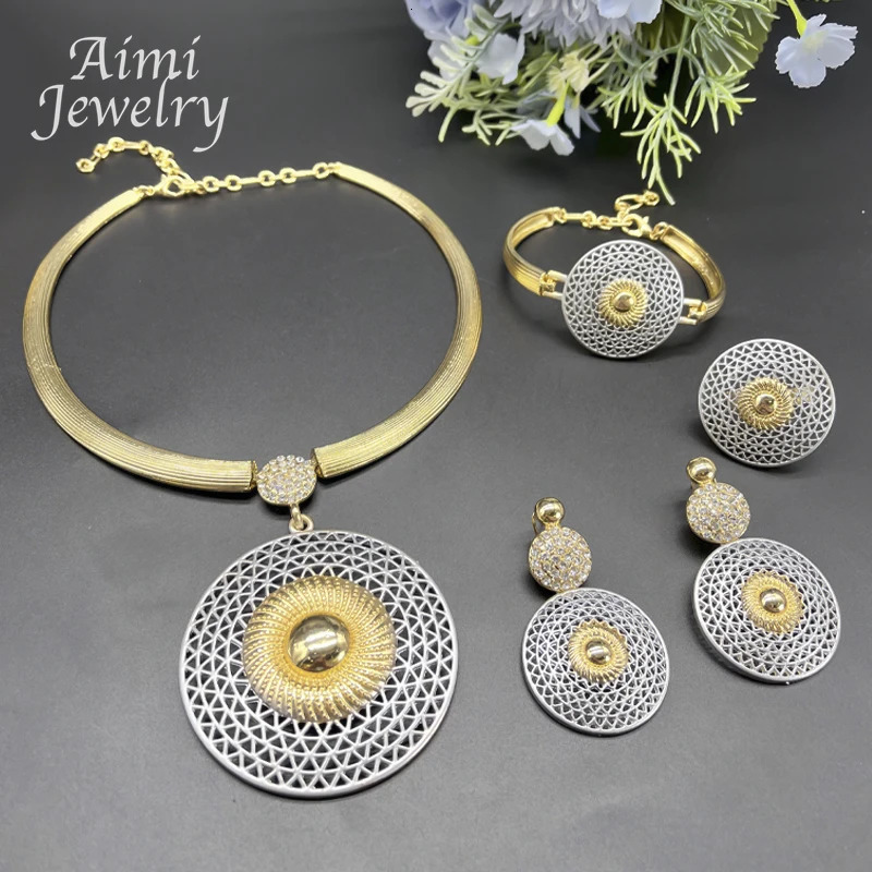 Large round pendant 18K gold-plated jewelry set suitable for womens necklaces earrings bracelets rings African brides wedding party gifts 241018